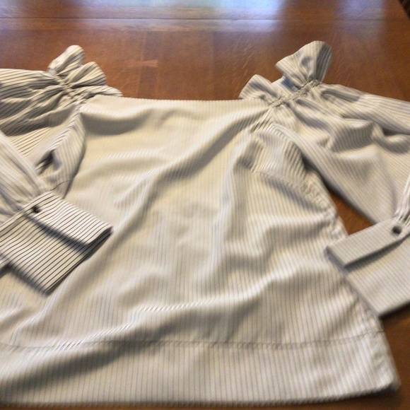Off shoulder top in white with black stripes.  EUC. - Picture 1 of 3